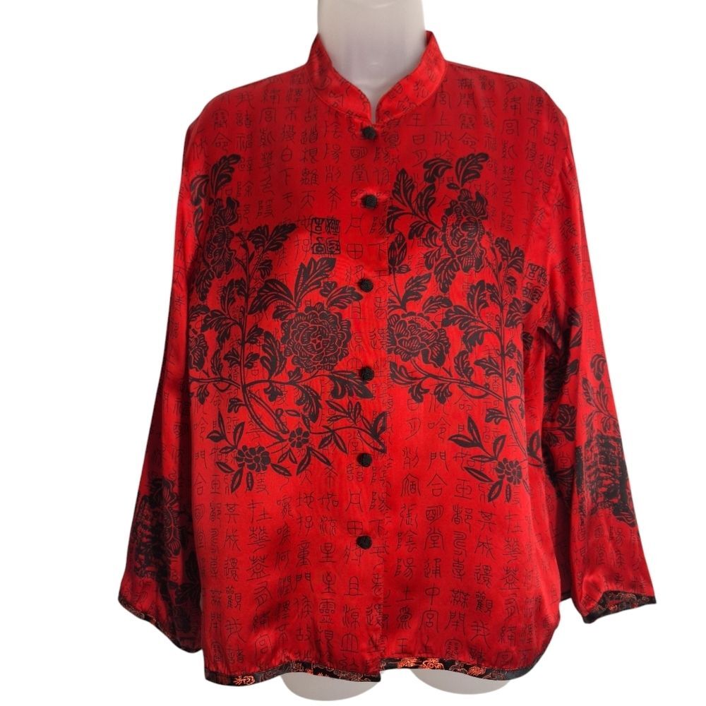 Chico's Design Silk Blouse Long Sleeve Red Button Up Medium Womens